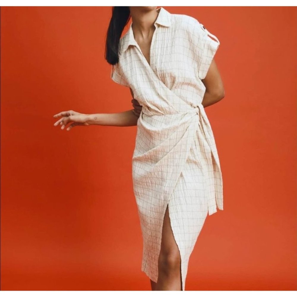 Zara Cream Checked Wrap Shirt Dress